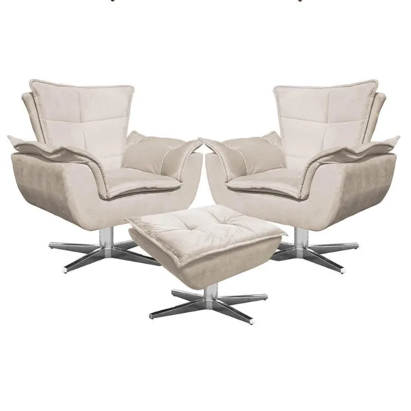 Kit 2 Poltronas Cromada Com Puff Suede Bege Ibiza