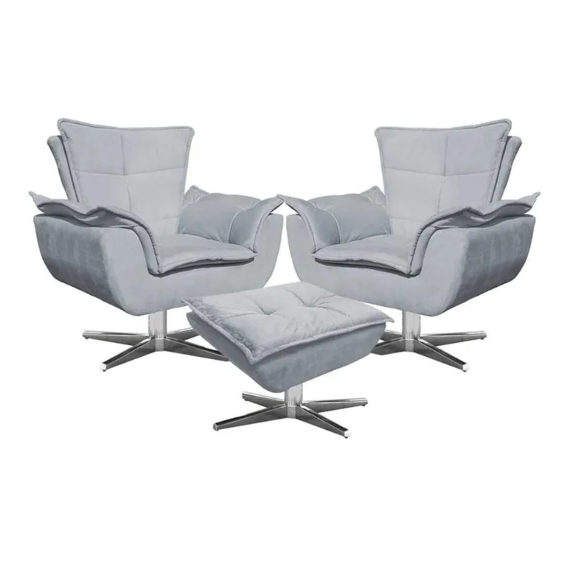 Kit 2 Poltronas Cromada Com Puff Suede Cinza Ibiza
