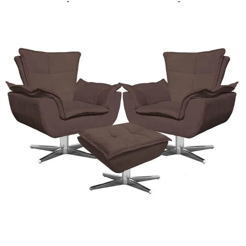 Kit 2 Poltronas Base Giratória Cromada Com Puff Suede Marrom