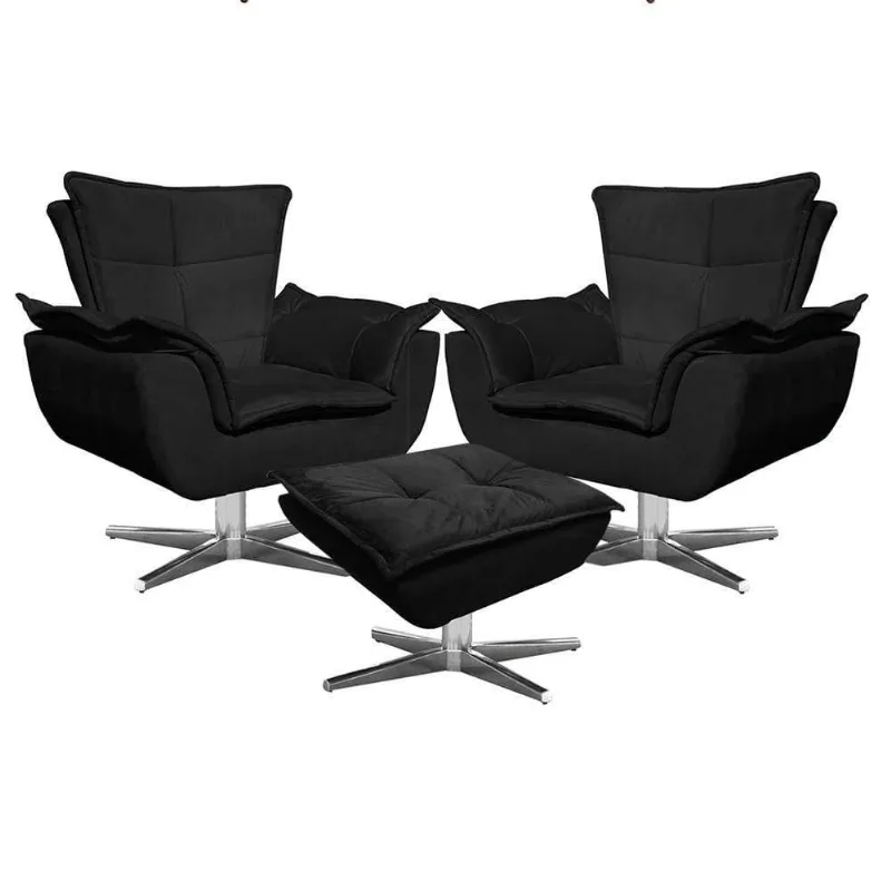 Kit 2 Poltronas Cromada Com Puff Suede Preto Ibiza
