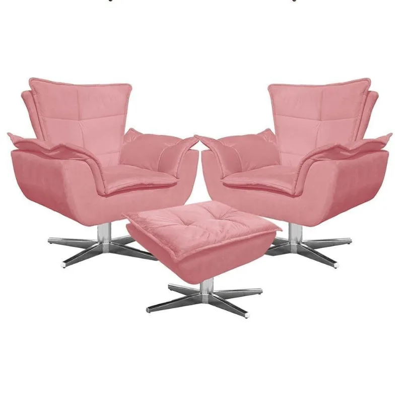 Kit 2 Poltronas Decorativas Base Giratória Cromada Com Puff Opla Suede Rose - Ibiza