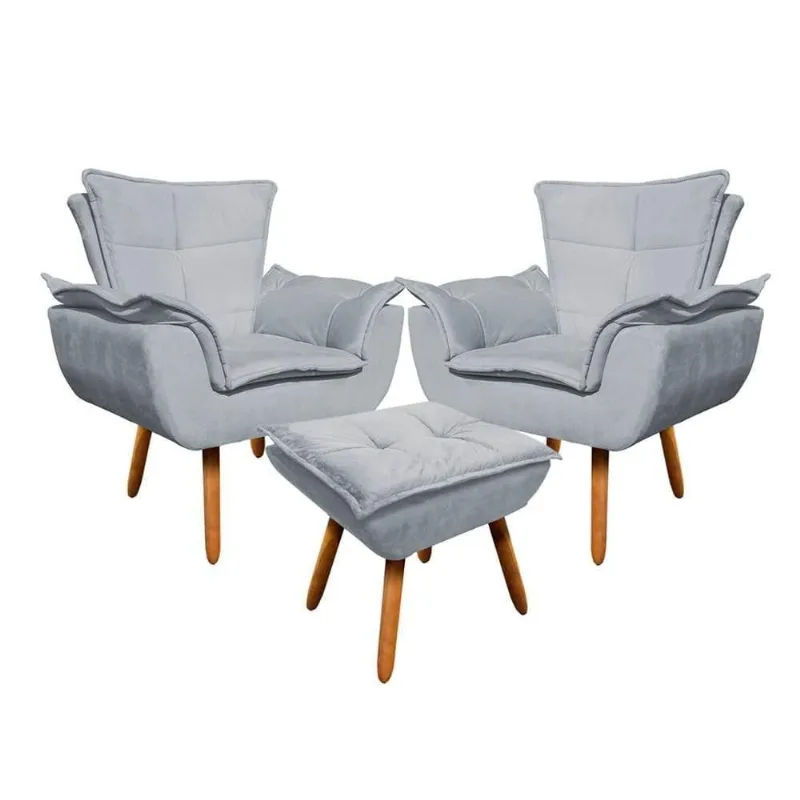 Kit 2 Poltronas Decorativas Pés Palito Com Puff Opla Suede Cinza - Ibiza