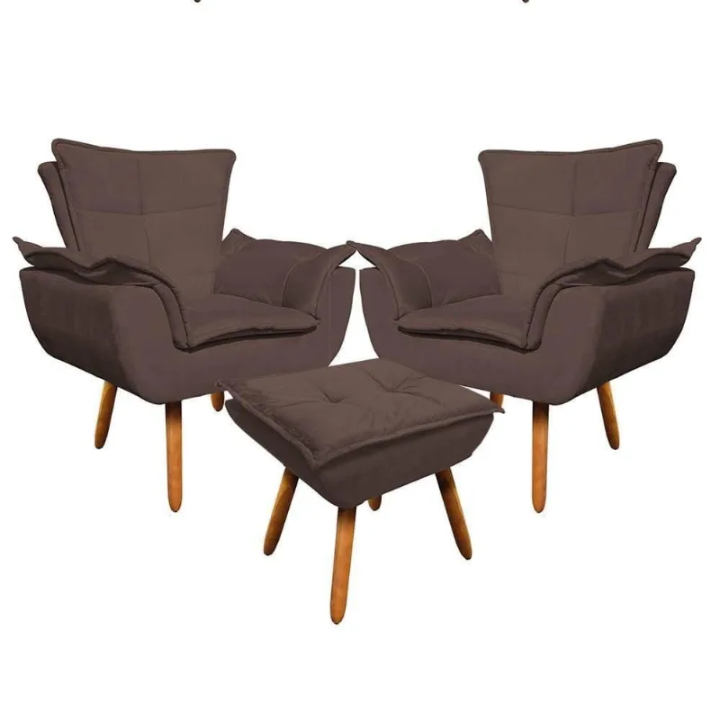 Kit 2 Poltronas Decorativas Pés Palito Com Puff Opla Suede Marrom - Ibiza