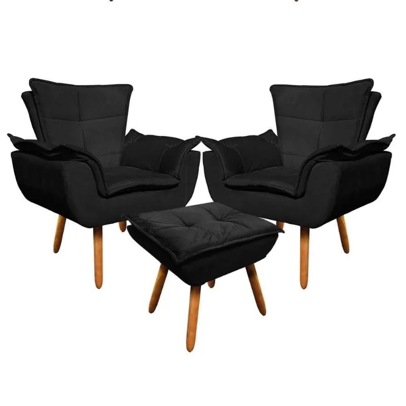 Kit 2 Poltronas Decorativas Pés Palito Com Puff Opla Suede Preto - Ibiza