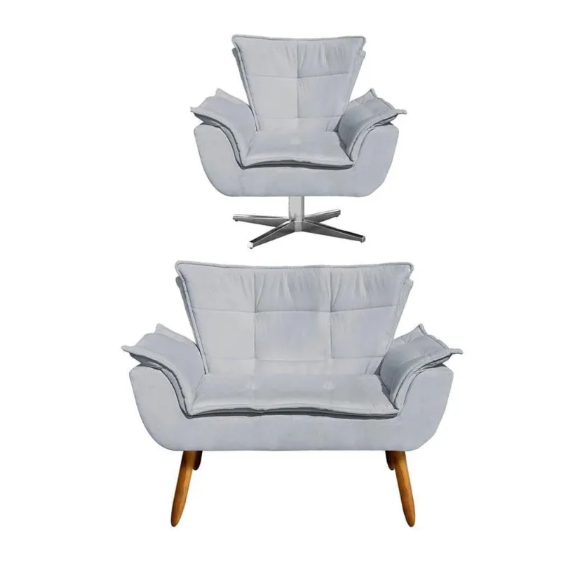 Kit Namoradeira 2 Lugares E 1 Poltrona Decorativa Giratória Cromada Opla Suede Cinza - Ibiza
