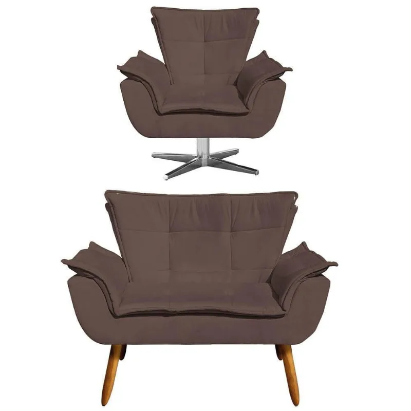 Kit Namoradeira 2 Lugares E 1 Poltrona Decorativa Giratória Cromada Opla Suede Marrom - Ibiza