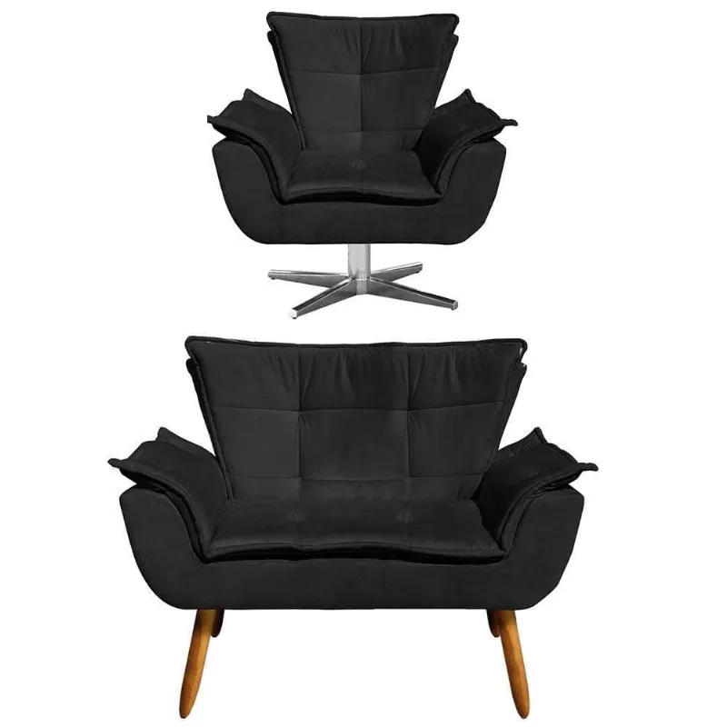 Kit Namoradeira 2 Lugares E 1 Poltrona Decorativa Giratória Cromada Opla Suede Preto - Ibiza