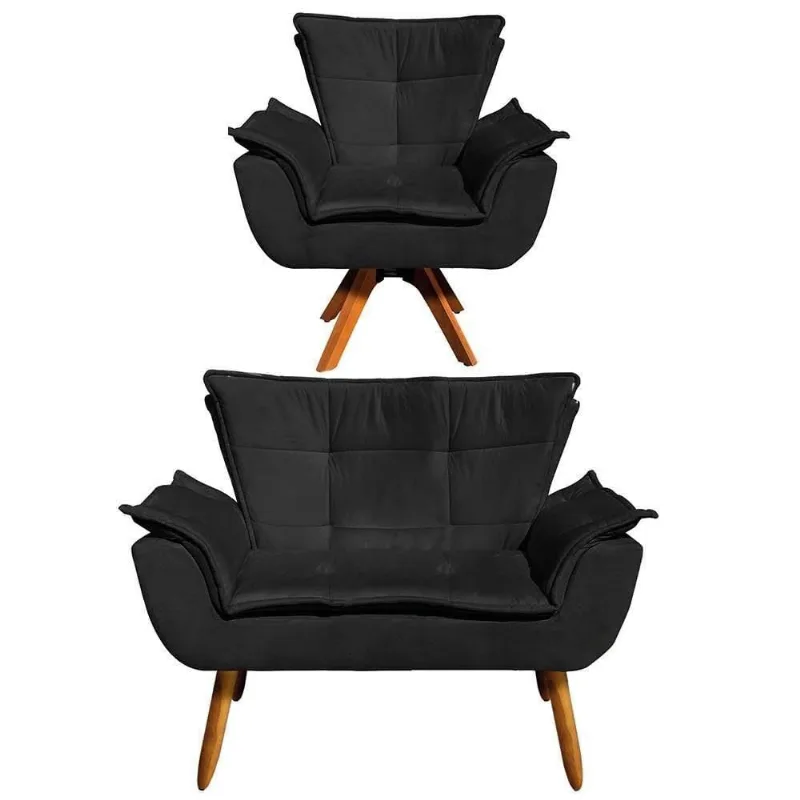 Kit Namoradeira 2 Lugares E 1 Poltrona Giratória Suede Preto