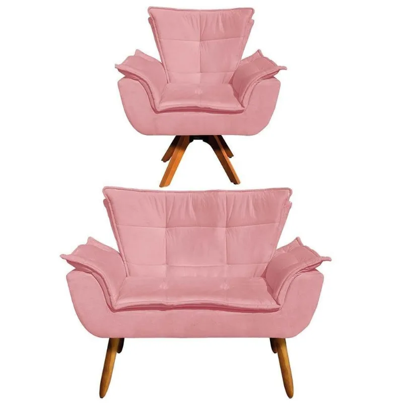 Kit Namoradeira 2 Lugares E 1 Poltrona Decorativa Giratória Madeira Opla Suede Rose - Ibiza