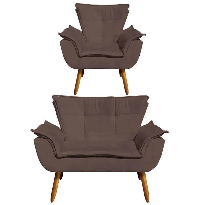 Kit Namoradeira 2 Lugares E 1 Poltrona Decorativa Pés Palito Opla Suede Marrom - Ibiza