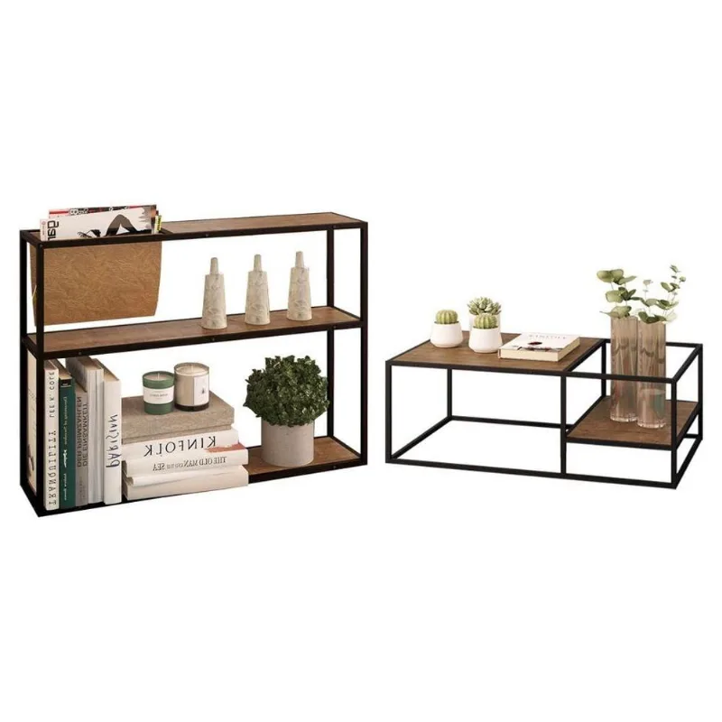 Conjunto Mesa De Centro E Mesa Lateral Com Revisteiro Steel Quadra Vermont Base Preta