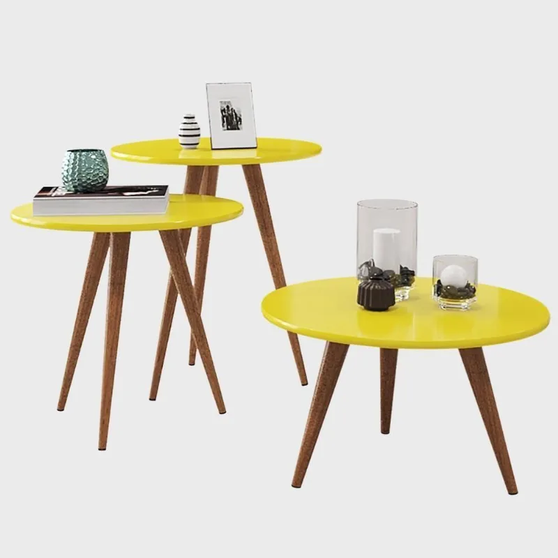 Conjunto Mesas Laterais E Mesa De Centro Pés Palito Aline H03 Amarelo