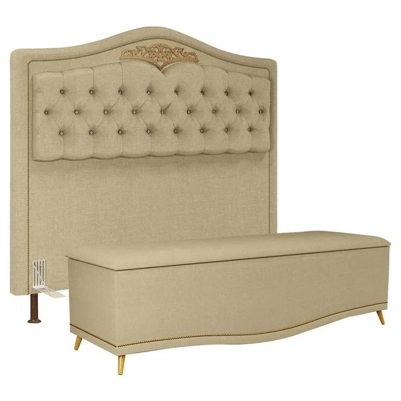 Cabeceira Cama Box Casal 140cm Com Calçadeira Baú Imperial J02 Linho Areia