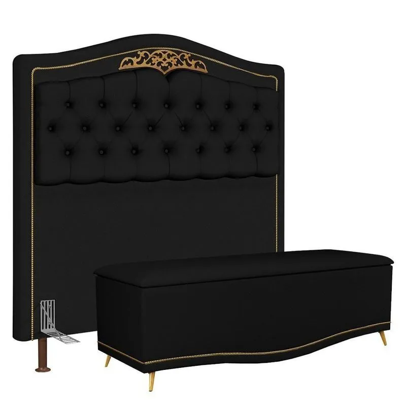 Cabeceira Casal Queen 160Cm Com Calçadeira Baú J02 Preto