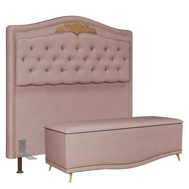 Cabeceira Cama Box Casal King 195cm Com Calçadeira Baú Rosê