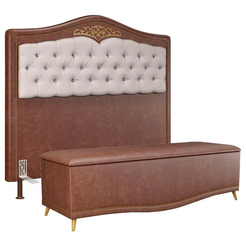 Cabeceira Cama Box Casal King 195Cm Com Calçadeira Baú Imperial J02 Facto Marrom/Bege