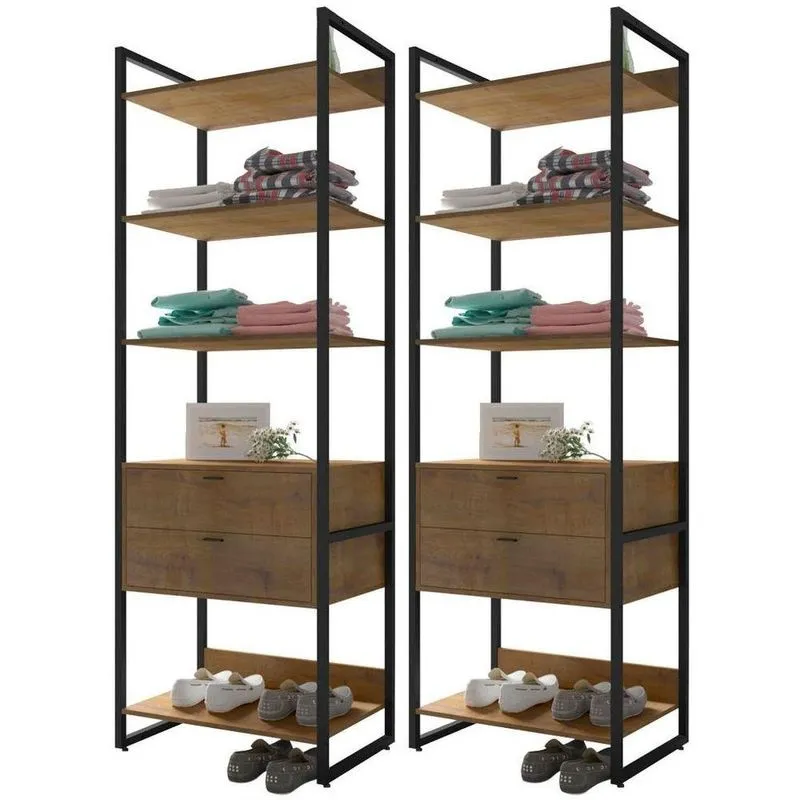 Kit 2 Guarda Roupas Closet Indy 2 Gavetas 4 Prateleiras F02 Castanho Texturizado - Mpozenato