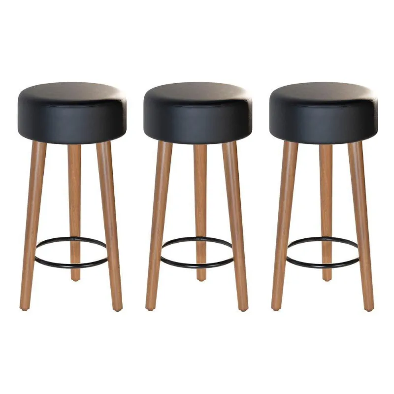 Kit 03 Banquetas Baixa Estofada Pés De Madeira Preto