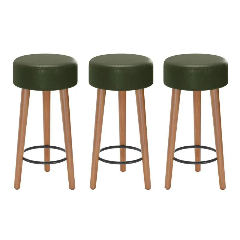 Kit 03 Banquetas Baixa Estofada Pés De Madeira Verde