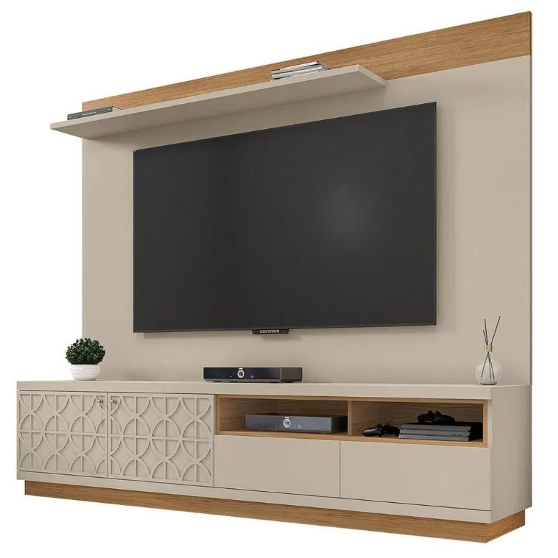 Rack Bancada Renda Com Painel Malha Para Tv Até 75 Pol. Buriti/Off White - Caemmun
