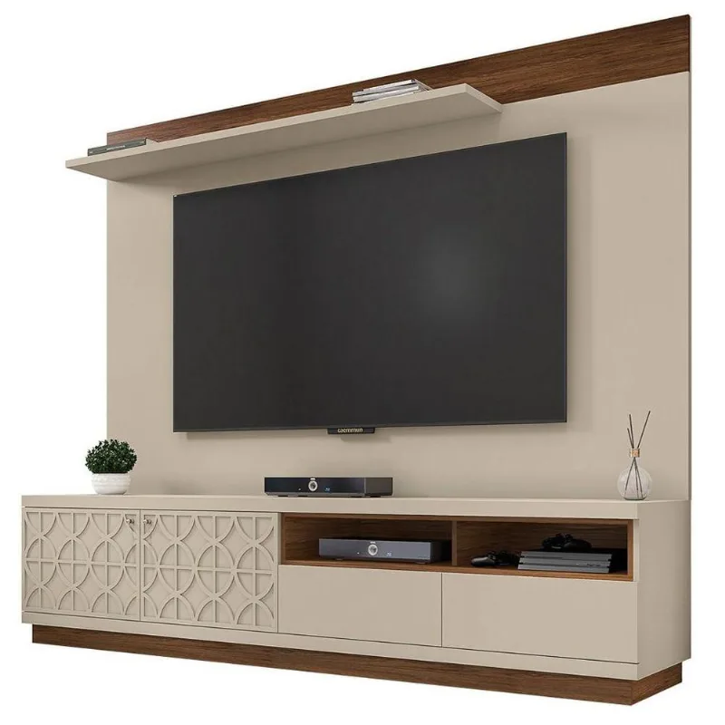 Rack Bancada Renda Com Painel Malha Para Tv Até 75 Pol. Havana/Off White - Caemmun