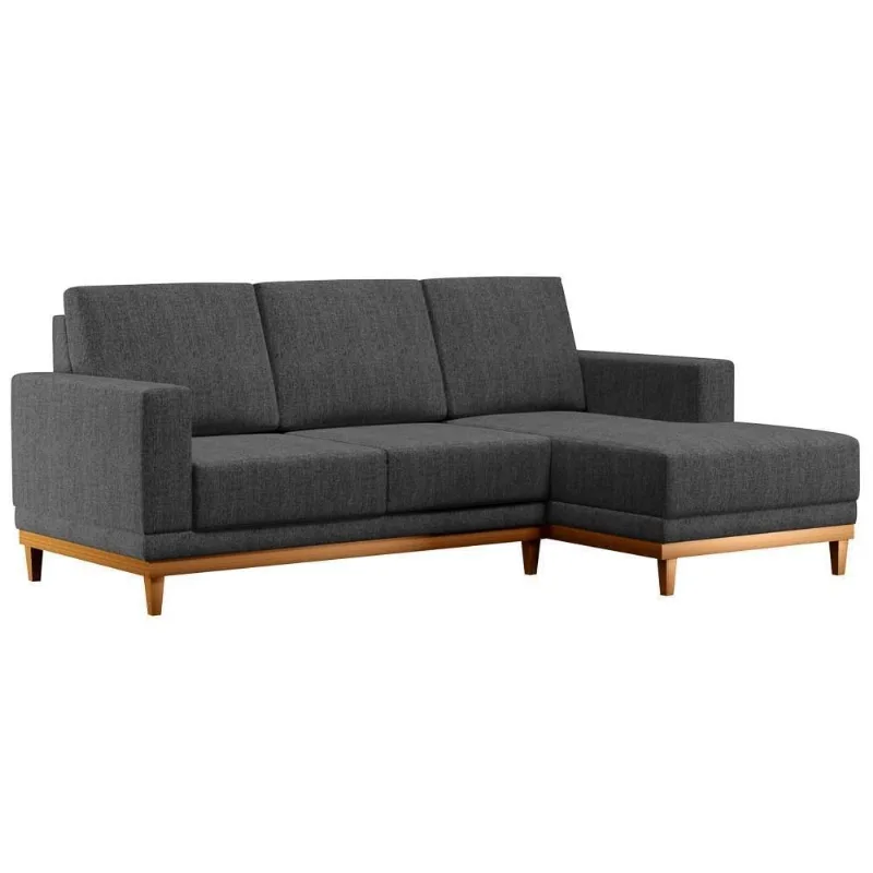 Sofá Living 200cm 3 Lugares Com Chaise Direito Kayrós D05 Linho Chumbo - Mpozenato
