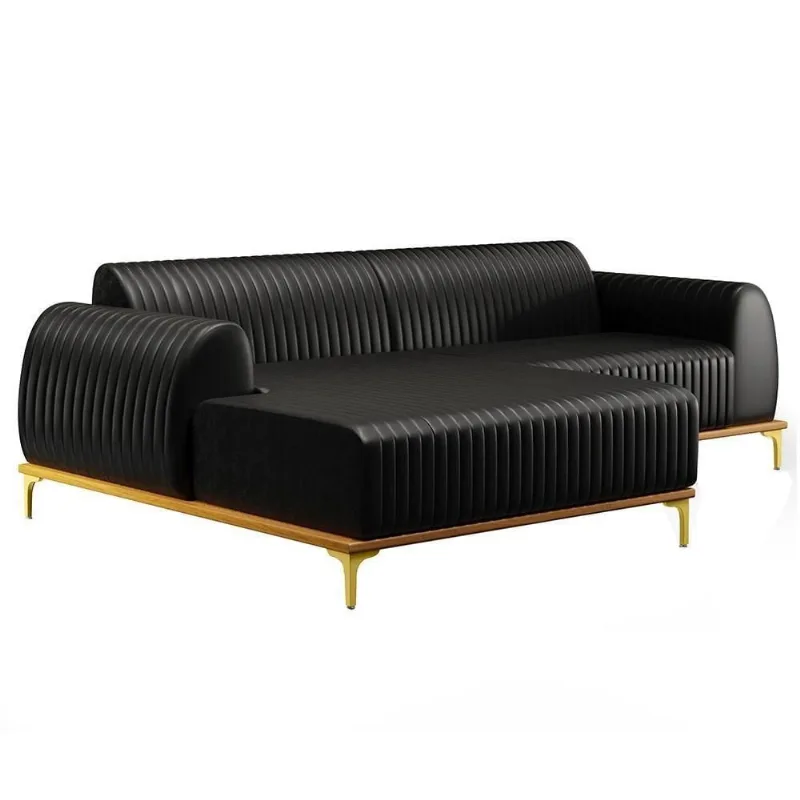 Sofá 230cm 4 Lugares Com Chaise Esquerdo Pés Gold Molino B-159 Corano Preto - Domi
