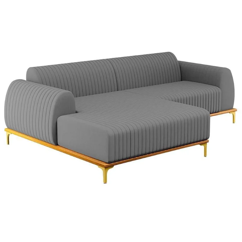 Sofá 245cm 4 Lugares Com Chaise Esquerdo Pés Gold Molino C-416 Linho Cinza Escuro - Domi