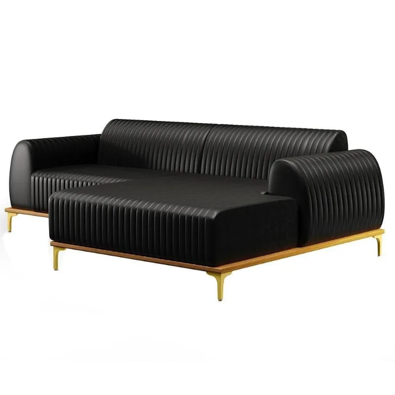 Sofá 255cm 4 Lugares Com Chaise Direito Pés Gold Molino B-159 Corano Preto - Domi