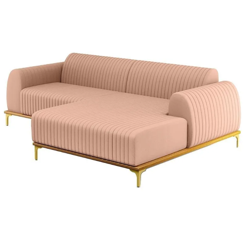Sofá 265cm 4 Lugares Com Chaise Direito Pés Gold Molino C-105 Linho Rosê - Domi
