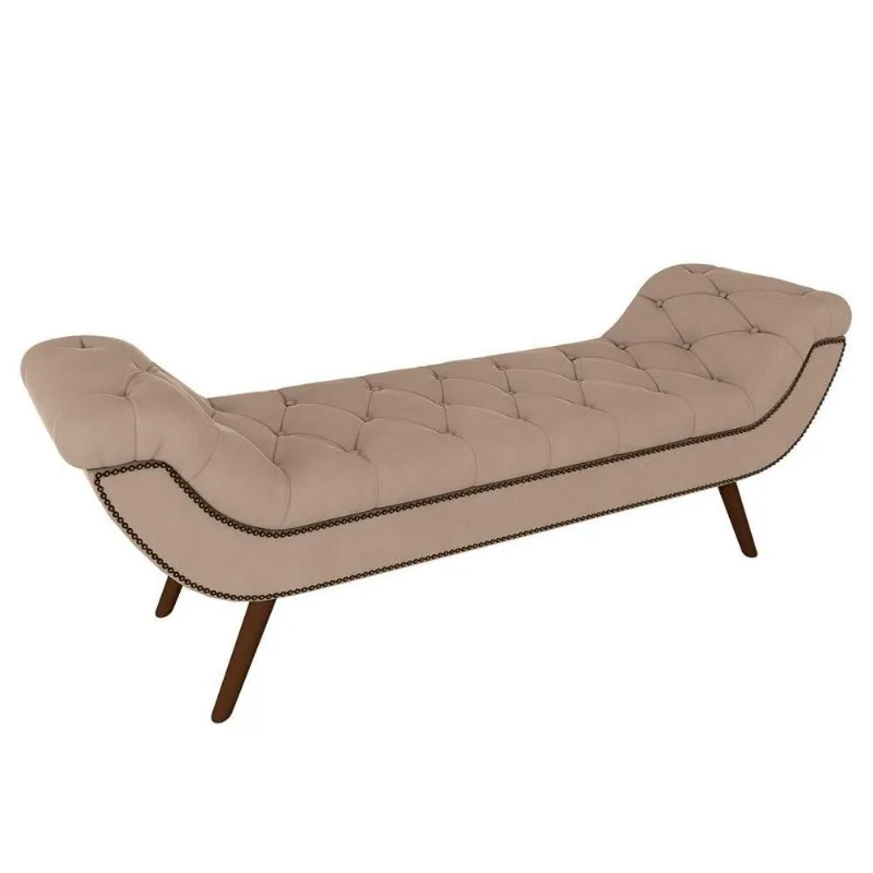 Puff Recamier Calçadeira 140cm Pés Palito Madeira Vêneto P02 Veludo Bege