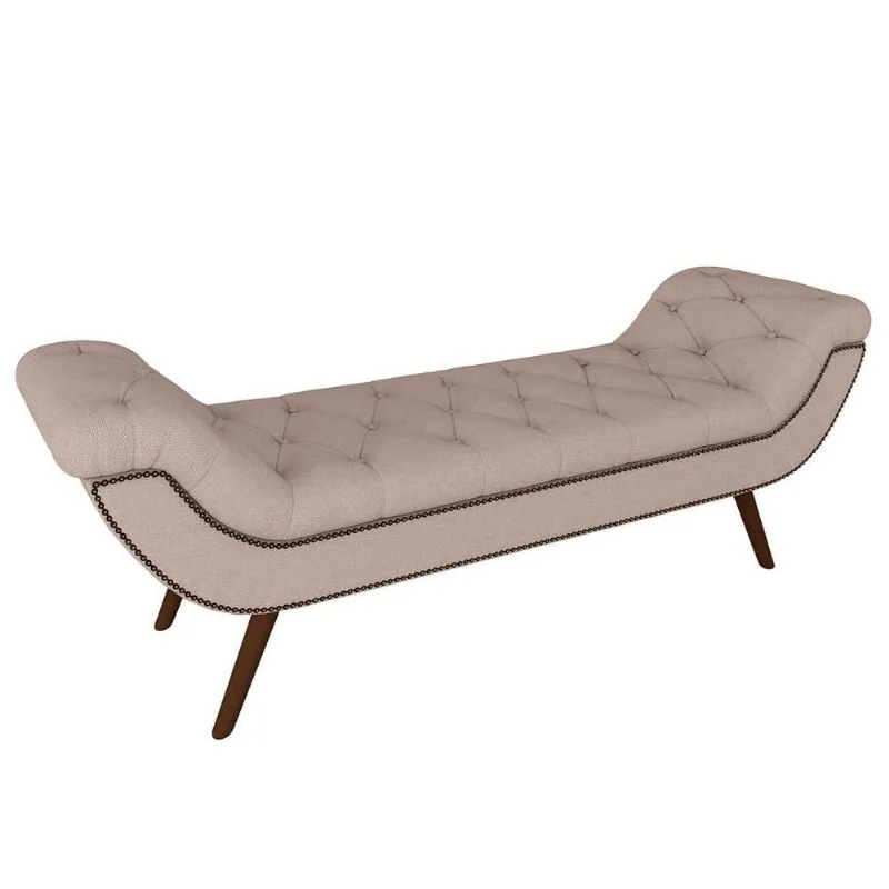 Puff Recamier Calçadeira 140cm Pés Palito Madeira Vêneto P02 Linho Bege Cru