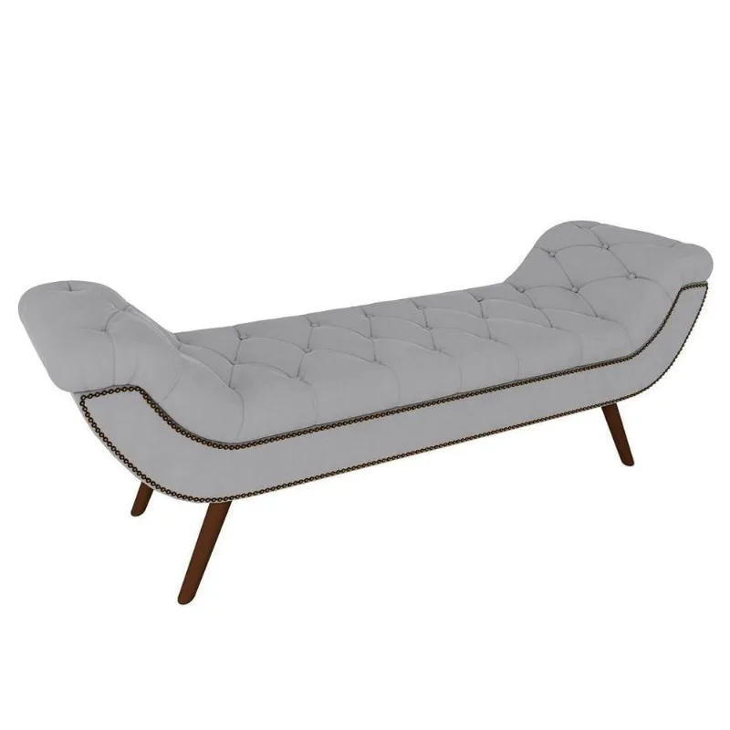 Puff Recamier Calçadeira 160cm Pés Palito Madeira Vêneto P02 Veludo Cinza