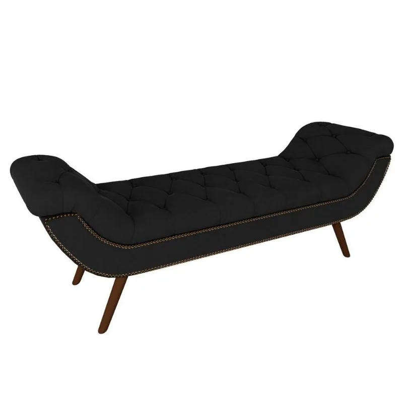 Puff Recamier Calçadeira 160cm Pés Palito Madeira Vêneto P02 Veludo Preto