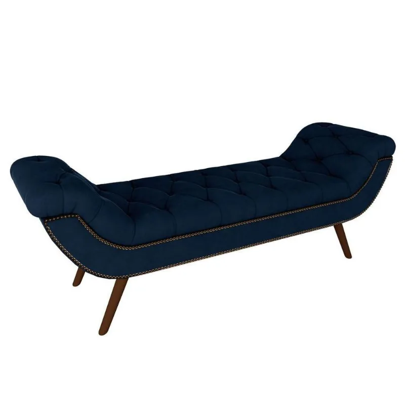 Puff Recamier Calçadeira 160cm Pés Palito Madeira Vêneto P02 Veludo Azul Marinho