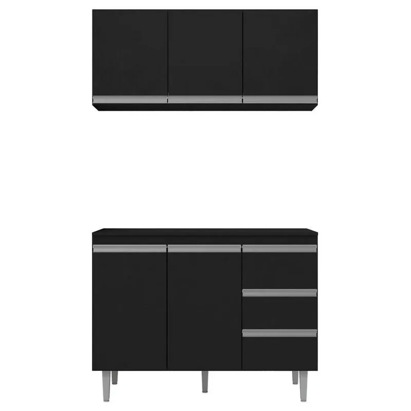Balcão 120cm 2 Portas E Armário Aéreo 3 Portas Preto