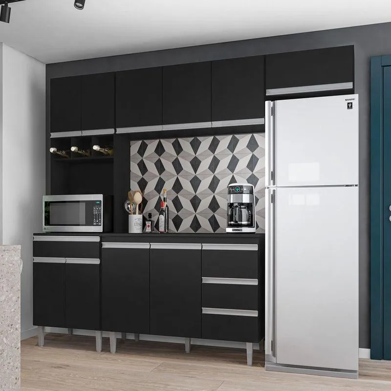 Cozinha Modulada Andréia 10 Portas 4 Gavetas MDF-MDP 241cm Preto Abmaza