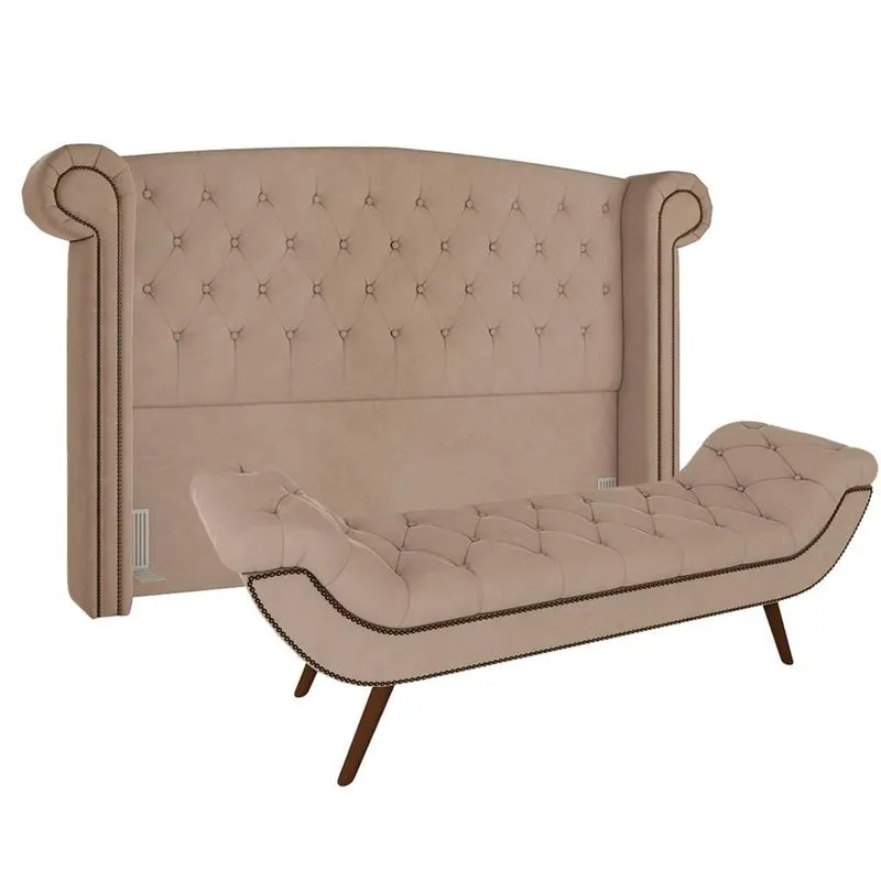 Cabeceira Cama Box Casal 140cm Provença Com Calçadeira Vêneto Z37 Veludo Bege - Mpozenato
