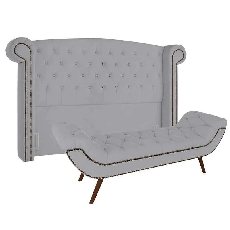 Cabeceira Cama Box Casal 140cm Provença Com Calçadeira Vêneto Z37 Veludo Cinza - Mpozenato