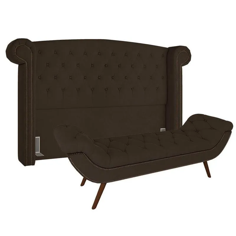 Cabeceira Cama Box Casal 140cm Provença Com Calçadeira Vêneto Z37 Veludo Marrom - Mpozenato