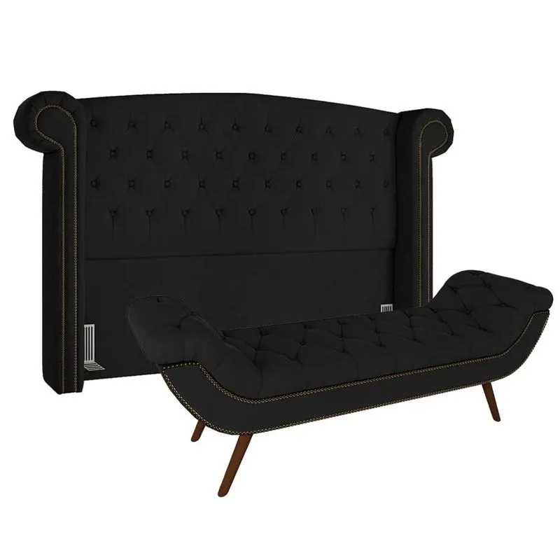 Cabeceira Cama Box Casal 140cm Provença Com Calçadeira Vêneto Z37 Veludo Preto - Mpozenato