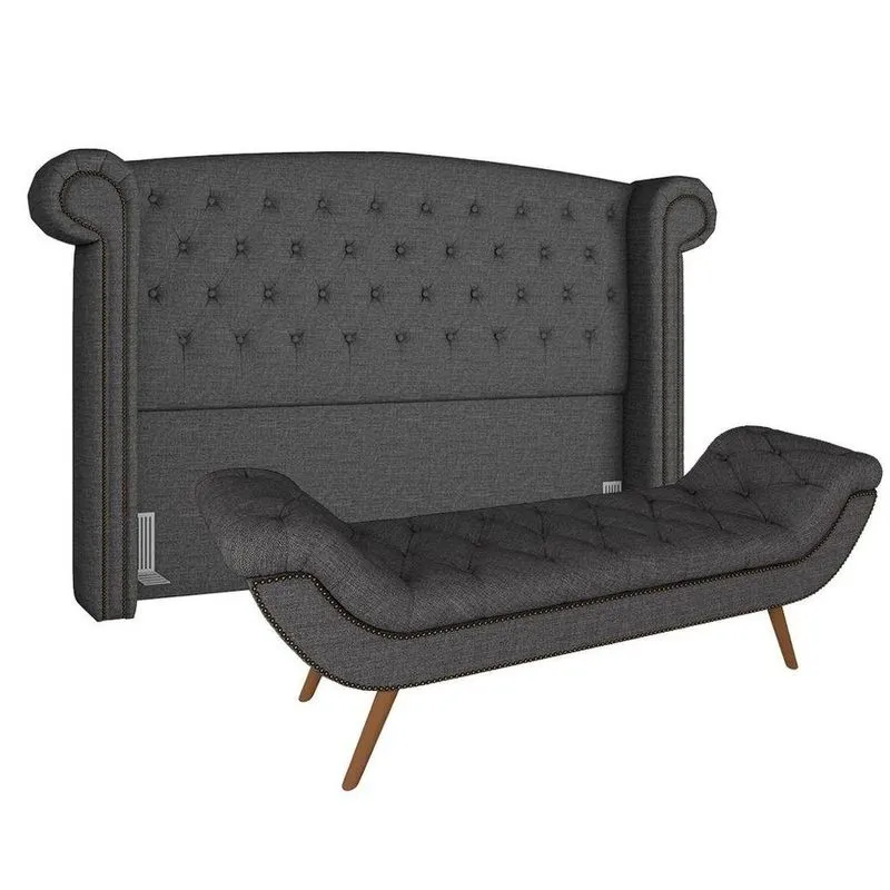 Cabeceira Cama Box Casal 140cm Provença Com Calçadeira Vêneto P02 Linho Chumbo