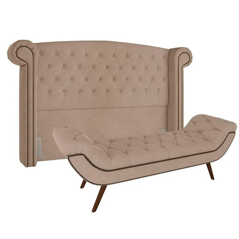 Cabeceira Cama Box Casal Queen 160cm Provença Com Calçadeira Vêneto P02 Veludo Bege