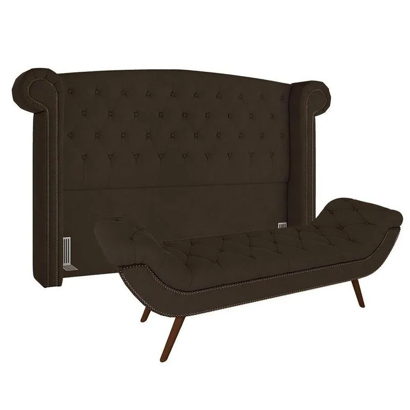 Cabeceira Cama Box Casal Queen 160cm Provença Com Calçadeira Vêneto P02 Veludo Marrom - Mpozenato