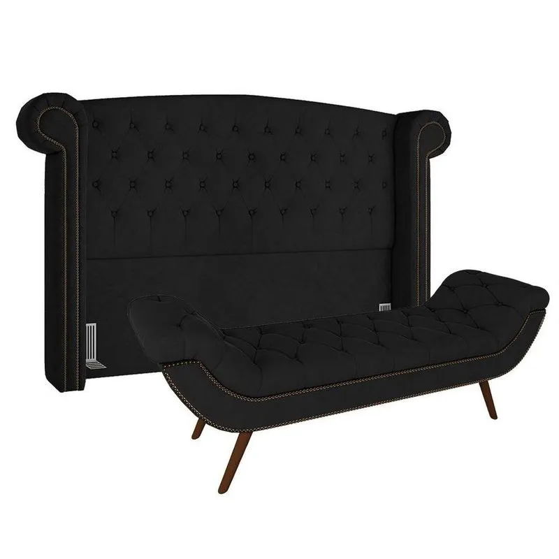 Cabeceira Cama Box Casal Queen 160cm Provença Com Calçadeira Vêneto P02 Veludo Preto - Mpozenato