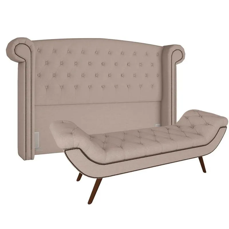 Cabeceira Cama Box Casal Queen 160cm Provença Com Calçadeira Vêneto Z37 Linho Bege Cru - Mpozenato