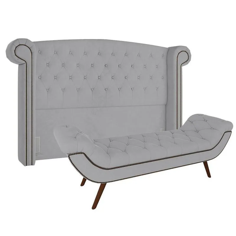 Cabeceira Cama Box Casal King 195cm Provença Com Calçadeira Vêneto Z37 Veludo Cinza - Mpozenato