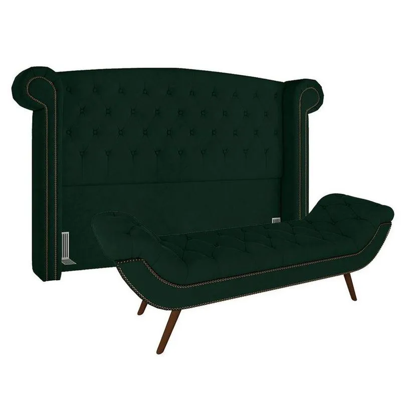 Cabeceira Cama Box Casal King 195cm Provença Com Calçadeira Vêneto P02 Veludo Verde Musgo Mpozenato