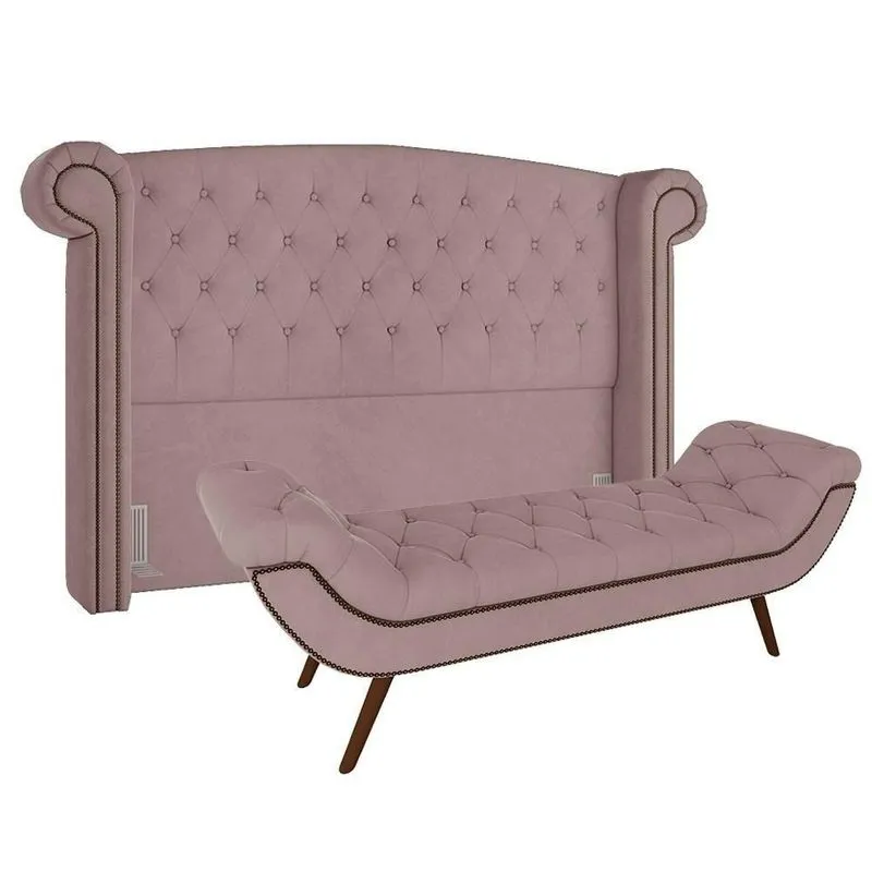 Cabeceira Cama Box Casal King 195cm Provença Com Calçadeira Vêneto Z37 Veludo Rosê - Mpozenato