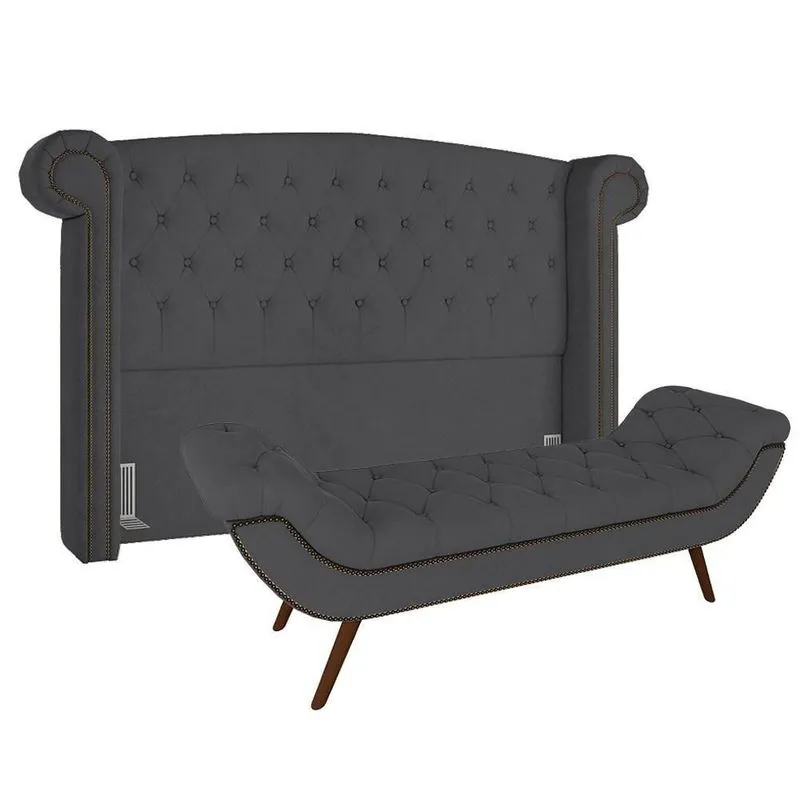 Cabeceira Cama Box Casal King 195cm Provença Com Calçadeira Vêneto Z37 Veludo Chumbo - Mpozenato